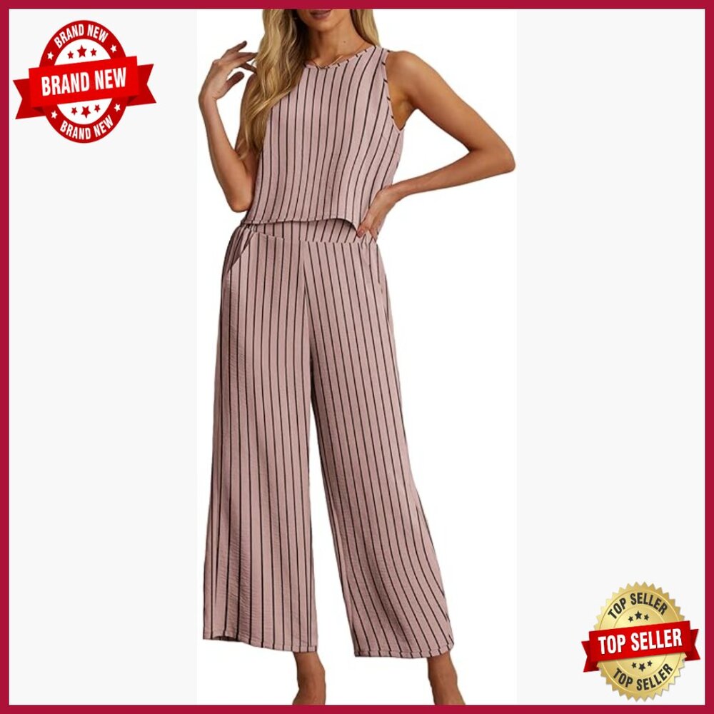 Women's Summer 2 Piece Jumpsuit Set Sleeveless Crop Top Wide Leg Pants